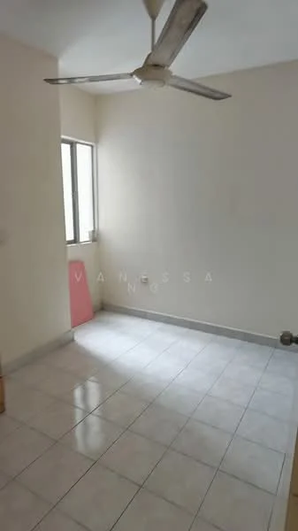 Room features: white painted walls, glossy ceramic tile flooring, ceiling fan, single window, neutral color scheme; style: minimalist.