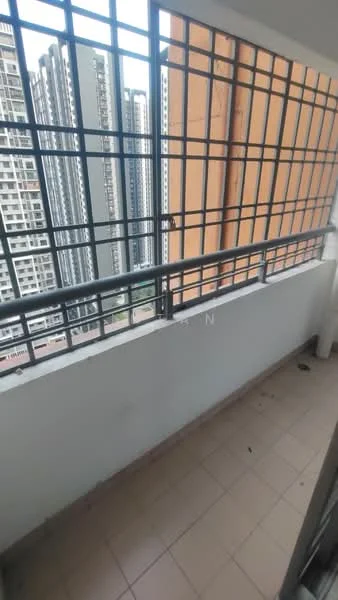 Room features: tiled flooring, metal railing, large windows, city view, grill security, white walls, balcony space; style: modern; view: city.