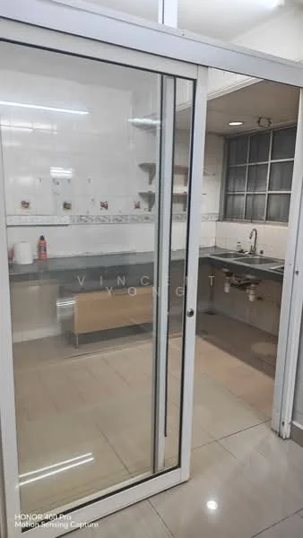 Kitchen features: glass sliding door, grey countertop, stainless-steel sink, chrome pull-down faucet, white tiled backsplash, white cabinetry, built-in shelving, ceramic tile flooring, recessed lighting, window with grid pattern; style: modern.