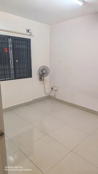 Room features: white painted walls, glossy ceramic tile flooring, ceiling light fixture, wall-mounted fan, window with security bars, power outlet, neutral color scheme; style: modern.