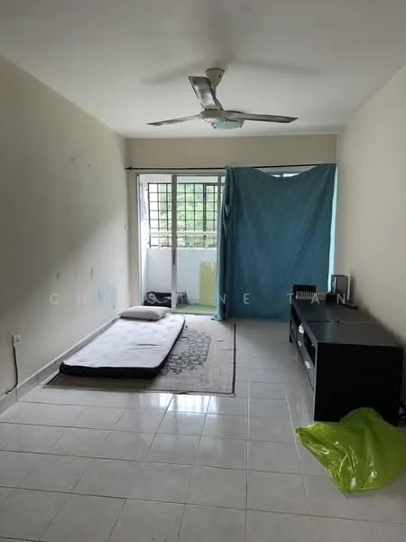 Living features: white painted walls, polished ceramic tile flooring, 5-blade ceiling fan, floor-to-ceiling windows, light blue curtain, area rug, mattress on the floor, black TV console.