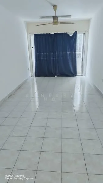 Room features: white painted walls, ceramic tile flooring, ceiling fan, sliding glass door, curtains, natural light from windows.