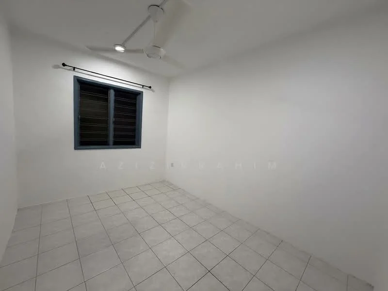 Room features: white painted walls, tile flooring, ceiling fan, single window with blue frame, no visible furniture, neutral color scheme, square layout, no visible decor; style: minimalist.