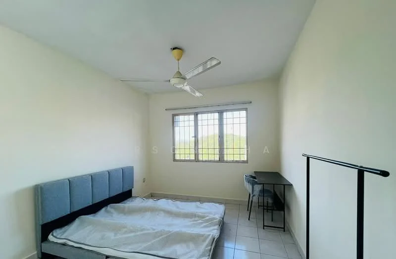 Bedroom features: queen-size bed, upholstered headboard, ceiling fan, floor-to-ceiling window, white painted walls, tile flooring, study desk, clothes rack; style: minimalist; view: garden.