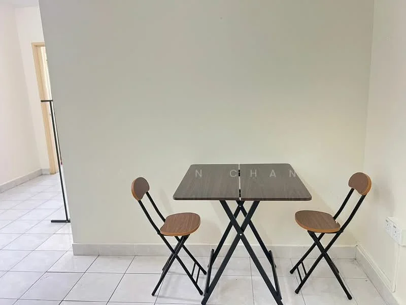 Room features: square dining table, two folding chairs, white painted walls, ceramic tile flooring, neutral color scheme, minimalist decor; style: minimalist.