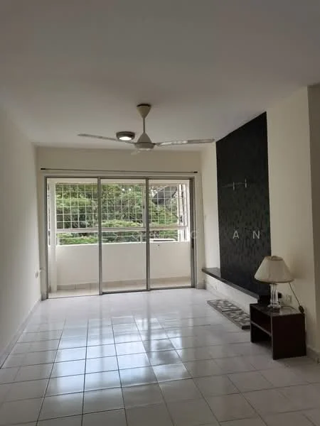 Living features: white painted walls, glossy white tile flooring, 5-blade ceiling fan, sliding glass door, floor-to-ceiling windows, lampshade table lamp, wooden side table, decorative wall with dark paneling, balcony view; style: modern; view: garden.