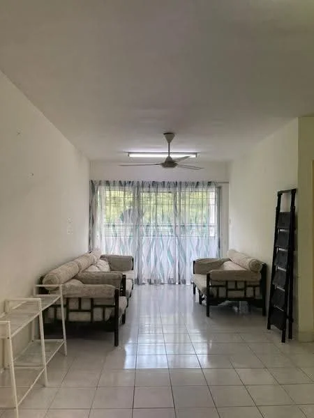 Living features: white painted walls, glossy white tile flooring, 5-blade ceiling fan, large sliding glass door, sheer curtains, two fabric sofas in light color, small side table, black ladder shelf, natural light from window, neutral color scheme; style: modern; view: garden.