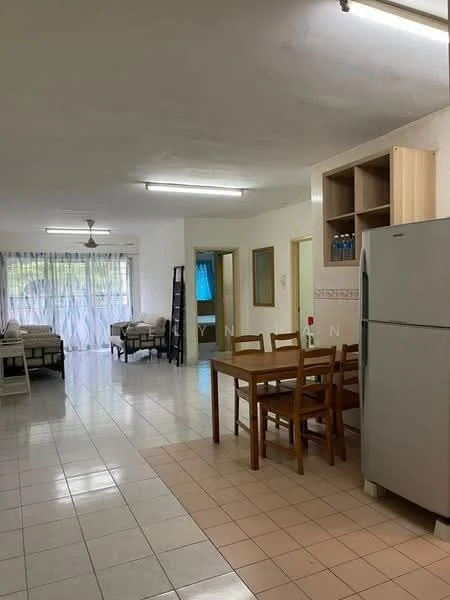 Living features: white painted walls, tile flooring, 5-blade ceiling fan with light, dining table with chairs, refrigerator, window with sheer curtains, open layout, natural light from window. Room features: bed frames, bedding, shelves, doorway to other rooms.