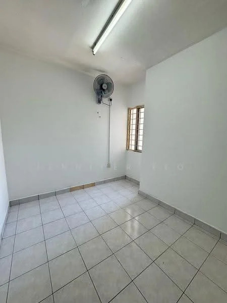 Room features: white painted walls, tile flooring, ceiling fan, window with grid, fluorescent lighting, corner space, neutral color scheme, no visible furniture; style: minimalist.