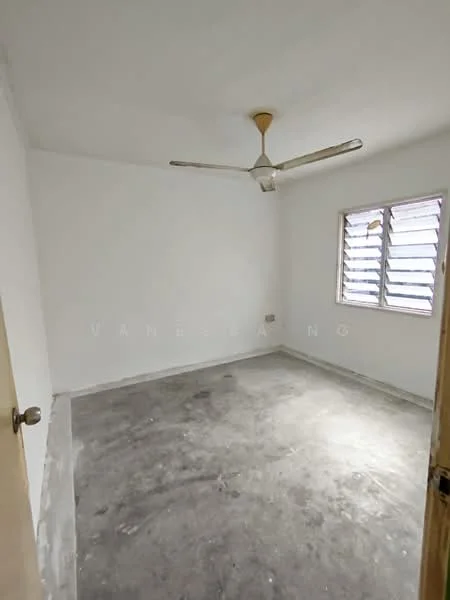 Room features: white painted walls, concrete flooring, ceiling fan, window with horizontal slats, single door, no visible furniture or decor; style: minimalist.