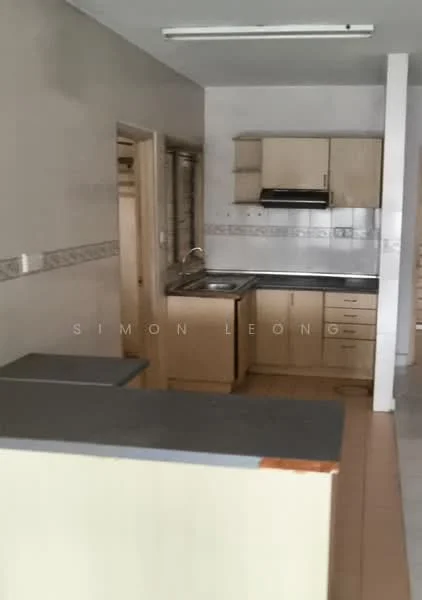 Kitchen features: laminate countertop, single-bowl stainless-steel sink, chrome pull-down faucet, built-in oven, freestanding range oven, wood cabinetry, tile backsplash, light-colored walls, fluorescent ceiling lights, floor tiles, open layout with breakfast bar.