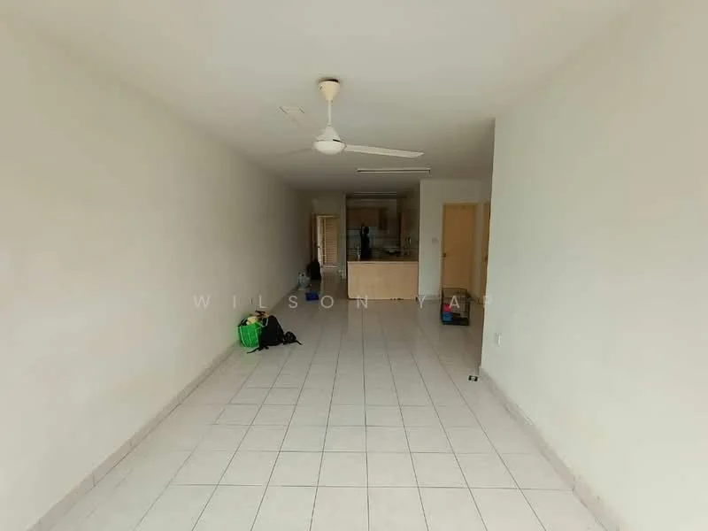 Living features: white painted walls, tile flooring, 5-blade ceiling fan, large window, open layout to kitchen, neutral color scheme, space for furniture arrangement, no visible decor. Kitchen features: kitchen counter, wood cabinetry, open layout to living area.