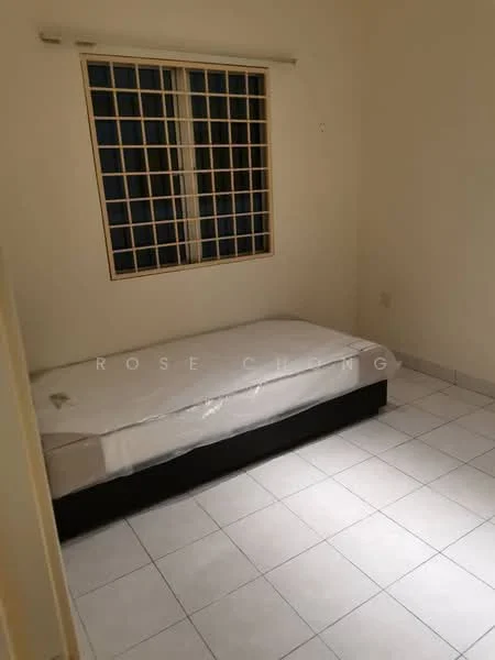 Bedroom features: single bed with mattress, white walls, tiled flooring, window with grid pattern, curtains, light switch, power outlet, neutral color scheme.