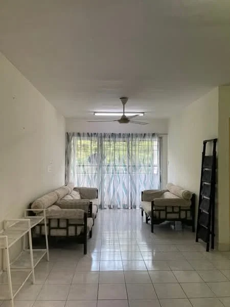 Living features: white painted walls, white ceiling, tile flooring, 2-seater fabric sofa in light color, 2-seater fabric sofa in light color, ceiling fan, floor-to-ceiling windows, sheer curtains, natural light, open layout, decorative ladder shelf; style: minimalist; view: garden.