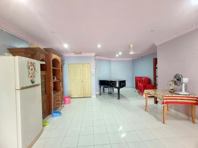 Room features: white tiled flooring, light blue painted walls, pink ceiling, wooden cabinetry, yellow painted door, black piano, red plastic chairs, dining table with tablecloth, ceiling fan, wall-mounted fan, refrigerator, pink waste bin; style: modern.