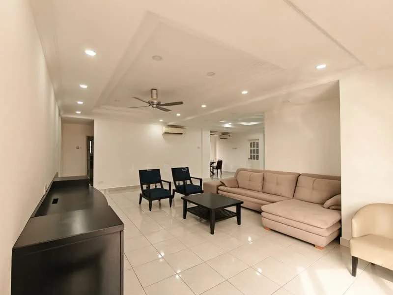 Living features: cream painted walls, white ceiling with recessed lighting, 5-blade ceiling fan with light, marble tile flooring, sectional sofa in beige, black coffee table, two blue armchairs, wall-mounted TV console, air conditioning unit, open layout, natural light from windows, decorative wall molding; style: modern.