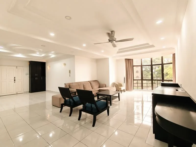 Living features: cream painted walls, white ceiling with recessed downlights, 5-blade ceiling fan with light, large floor-to-ceiling windows, brown fabric sofa, 2 black armchairs, coffee table, TV console, marble tile flooring, curtains, built-in cabinets, decorative wall sconces; style: modern; view: garden.