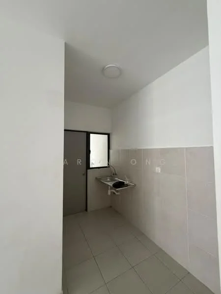 Laundry features: white painted walls, light grey tiled flooring, single-basin sink, wall-mounted faucet, countertop for folding clothes, window for natural light, ceiling light fixture; style: minimalist.