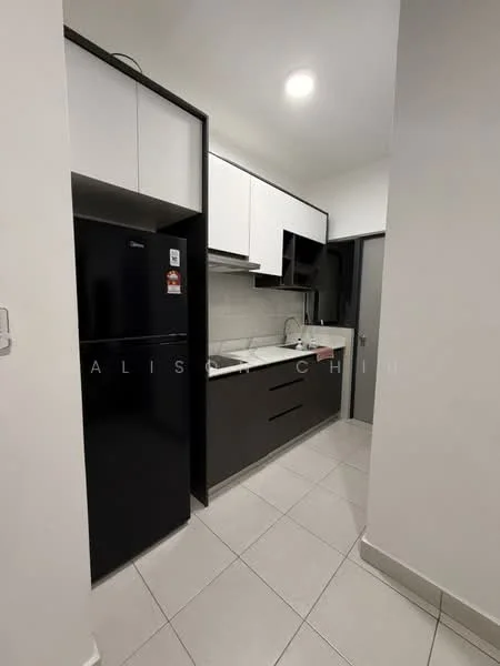 Kitchen features: black refrigerator, white upper cabinets, black lower cabinets, white countertop, single-bowl stainless-steel sink, chrome pull-down faucet, ceramic tile backsplash, built-in oven, 4-burner gas hob, under-cabinet lighting, wall-mounted cabinet, tile flooring, recessed ceiling lights; style: modern.