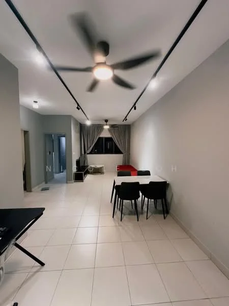 Living features: white painted walls, tile flooring, 5-blade ceiling fan with light, recessed downlights, dining table with 4 chairs, red sofa, curtains, TV console, open layout; style: modern.