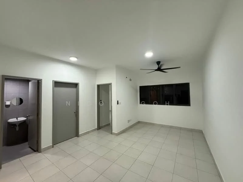 Room features: white painted walls, grey tiled flooring, 5-blade ceiling fan with light, floor-to-ceiling window, door to bathroom, door to adjacent room, recessed downlights, corner wall with no features; style: modern.