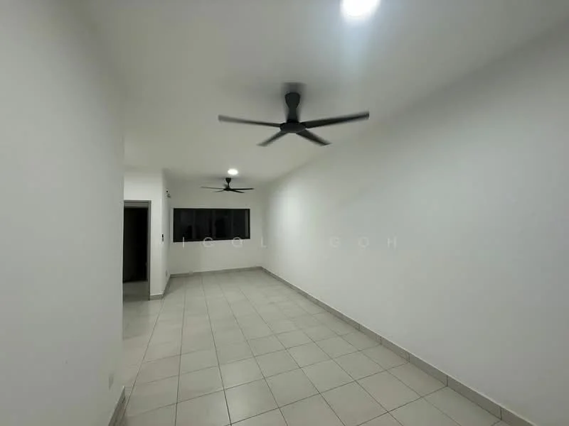 Room features: white painted walls, tile flooring, 2 ceiling fans, large window, recessed ceiling lights; style: modern.