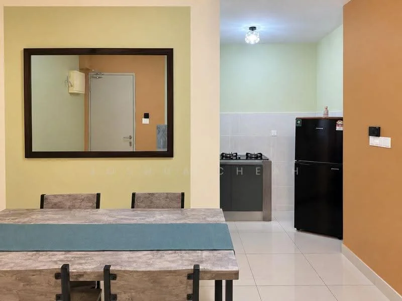 Dining features: 6-seater dining table, grey table with wooden legs, beige upholstered dining chairs, decorative mirror on wall, light green painted walls, orange accent wall, white tiled flooring, recessed ceiling light; style: modern. Kitchen features: black fridge, built-in gas stove with 2 burners, grey tiled backsplash, white cabinetry, countertop space, white walls, kitchen sink; style: modern.