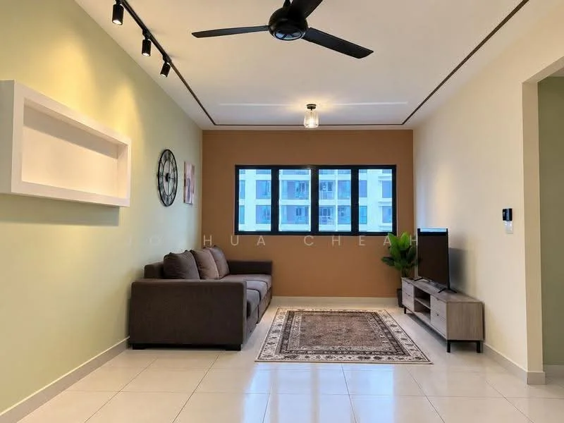 Living features: 3-seater fabric sofa in grey, coffee table, TV console, wall-mounted TV, area rug with geometric pattern, ceiling fan, recessed downlights, cream painted walls, brown accent wall, floor-to-ceiling windows, white tile flooring, decorative wall clock; style: modern.