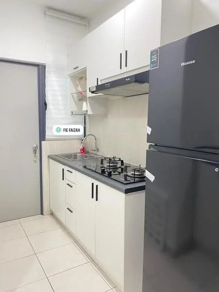 Kitchen features: white cabinetry, black countertop, stainless-steel gas hob, built-in oven, stainless-steel fridge, single-bowl stainless-steel sink, chrome pull-down faucet, wall-mounted shelf, tile flooring, neutral wall color, window for natural light; style: modern.