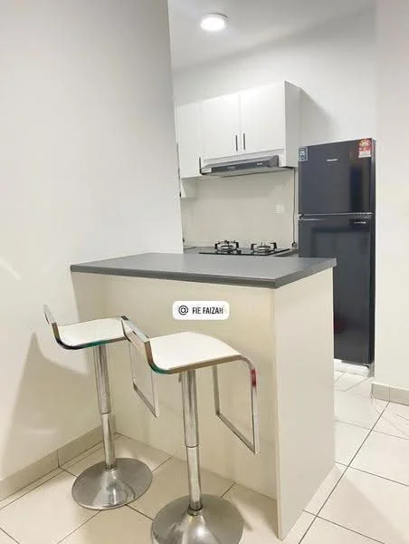 Kitchen features: grey countertop, white cabinetry, stainless-steel gas hob, built-in oven, black refrigerator, bar stools with chrome base, white tiled backsplash, ceramic tile flooring, recessed ceiling lights; style: modern.