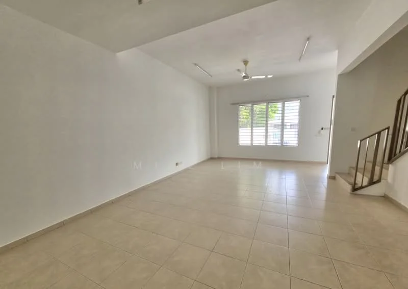 Living features: white painted walls, tile flooring, ceiling fan, large windows with blinds, natural light, open layout, neutral color scheme, staircase visible; style: modern.