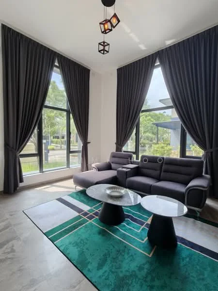 Living features: 3-seater fabric sofa in grey, 2 accent chairs, round coffee table with black base, area rug with geometric pattern in green and black, floor-to-ceiling windows, sheer curtains in dark grey, chandelier with multiple light bulbs, decorative wall art, light-colored wall, stone flooring; style: modern; view: garden.