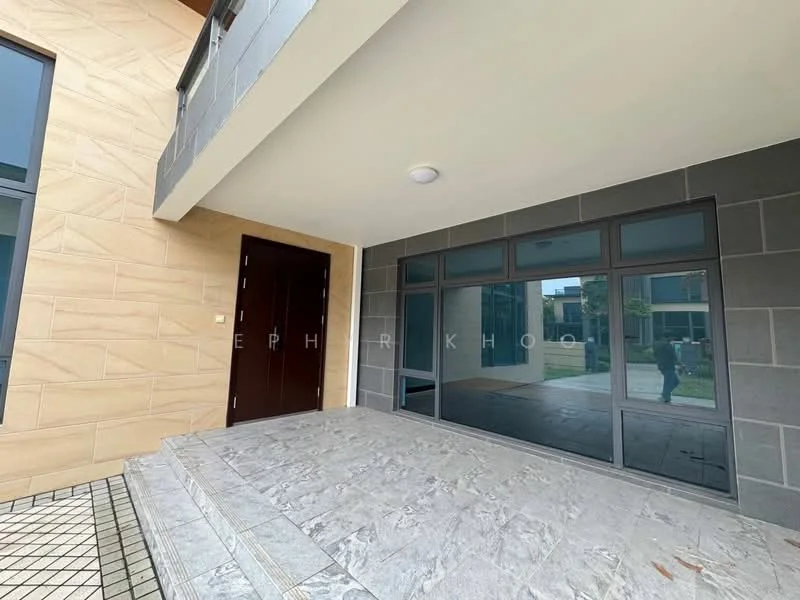 Exterior type: detached bungalow; features: stone cladding facade, grey stone flooring, large glass windows, double wooden front door, covered entrance, manicured lawn visible, surrounding greenery; style: modern.