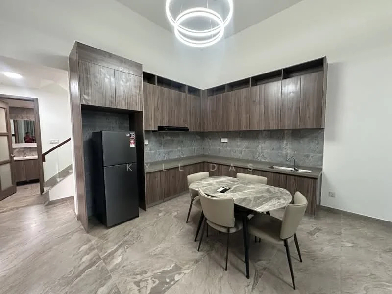 Kitchen features: brown wooden cabinetry, grey marble countertop, stainless-steel sink, chrome pull-down faucet, black fridge, built-in stove, round dining table, upholstered dining chairs, grey marble flooring, recessed ceiling lights, open shelving above cabinets; style: modern.