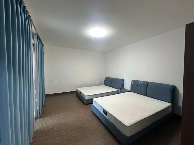 Bedroom features: two queen-size beds with upholstered headboards, light blue bed frames, white mattresses, white painted walls, laminate flooring, floor-to-ceiling windows with sheer curtains, recessed ceiling light, built-in wardrobe; style: modern.