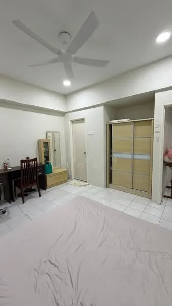 Bedroom features: white painted walls, tile flooring, 5-blade ceiling fan, recessed downlights, queen-size bed, wooden dining table with 4 chairs, built-in wardrobe with sliding doors, mirror cabinet, door leading to hallway; style: modern.