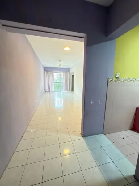 Room features: white painted walls, purple accent wall, glossy white tile flooring, ceiling light fixture, floor-to-ceiling windows with sheer curtains, open layout, visible natural light, corner wall with decorative tile; style: modern; view: garden.