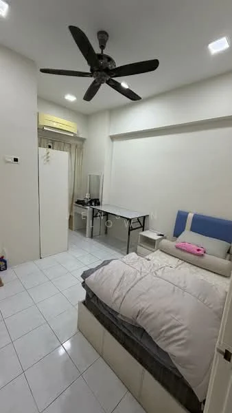 Bedroom features: queen-size bed with grey and blue bedding, white walls, white tiled flooring, 5-blade ceiling fan, recessed LED downlights, window with sheer curtains, dressing table with mirror, study desk, built-in wardrobe, air conditioning unit; style: modern.