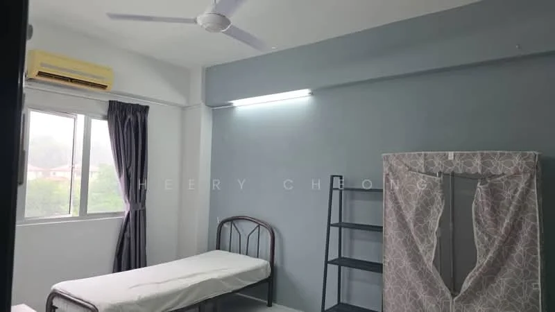 Bedroom features: single bed frame, grey painted walls, white ceiling, 5-blade ceiling fan, window with sheer curtains, air conditioning unit, shelving unit, folding screen, vinyl flooring; style: minimalist; view: garden.