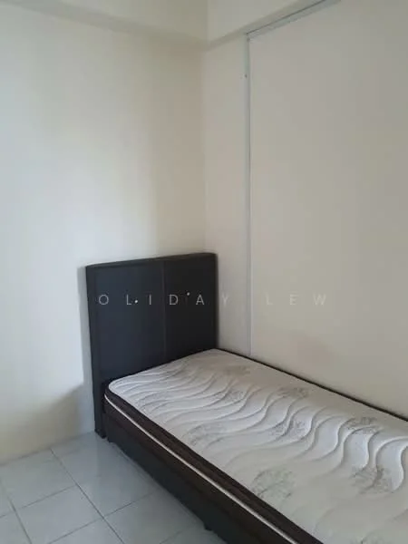Bedroom features: single bed, mattress without bedding, white painted walls, white tiled flooring, built-in wardrobe, window with blinds, minimalist decor; style: minimalist.