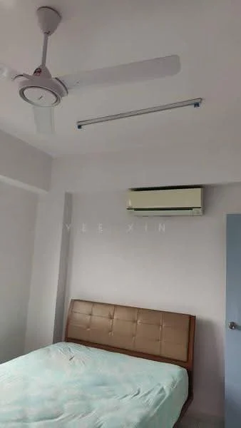 Bedroom features: queen-size bed, upholstered headboard, 1 wall-mounted split AC, 5-blade ceiling fan, white painted walls, light-colored bedding, wooden bed frame, recessed ceiling lights; style: modern.