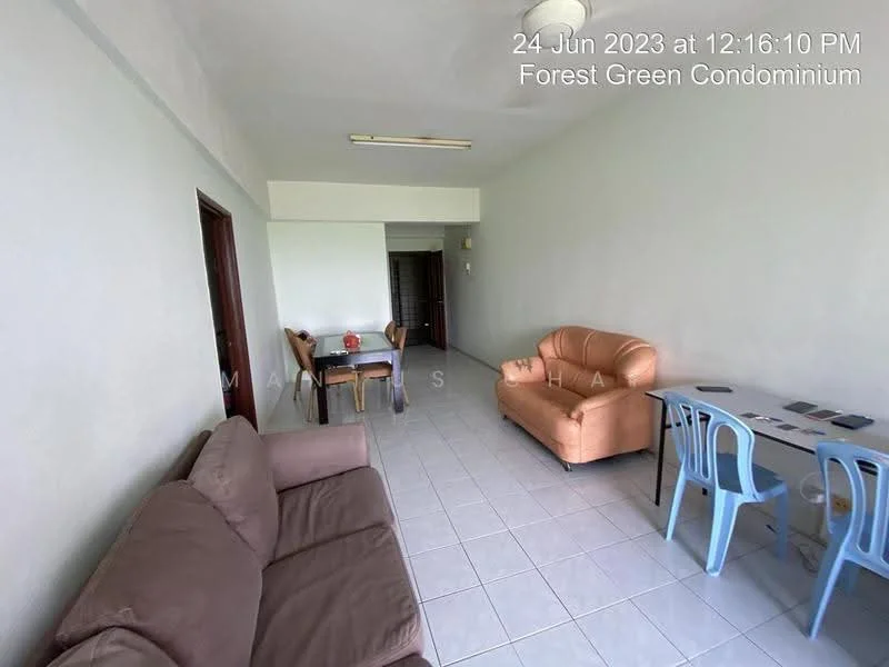 Living features: light grey painted walls, white tiled flooring, 3-seater fabric sofa in beige, 2-seater leather sofa in peach, wooden door, ceiling light fixture, dining table with 4 blue plastic chairs, window with no visible treatment; style: minimalist.