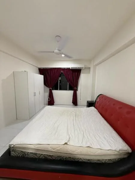Bedroom features: king-size bed with red upholstered headboard, white bedding, white painted walls, ceiling fan, wall-mounted split AC, floor-to-ceiling window, red curtains, built-in wardrobe with white finish, tile flooring; style: modern.