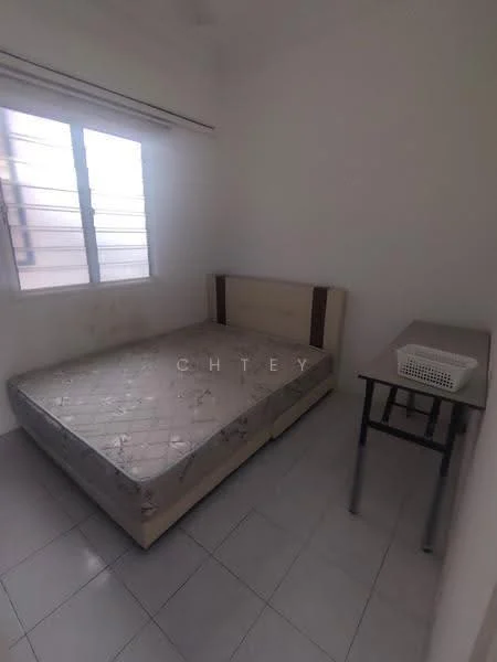 Bedroom features: single bed, white painted walls, tile flooring, window with horizontal bars, curtains, small bedside table, basket on table.
