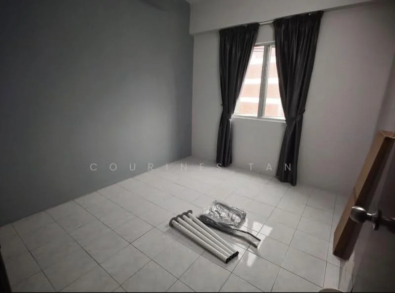 Room features: grey painted walls, white tiled flooring, floor-to-ceiling window, sheer curtains, no visible furniture, unfurnished space, neutral color scheme, light from window.