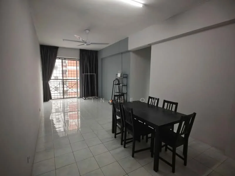 Dining features: dining table with 6 black chairs, white painted walls, glossy tile flooring, ceiling fan, large window with black metal grille, curtains in dark grey, mirror on wall, light fixture on ceiling; style: modern.