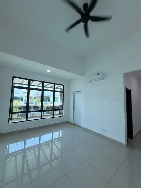Room features: white painted walls, flat ceiling, 5-blade ceiling fan, wall-mounted split AC, large floor-to-ceiling windows, glossy ceramic tile flooring, natural light from windows, door leading to hallway; style: modern; view: garden.