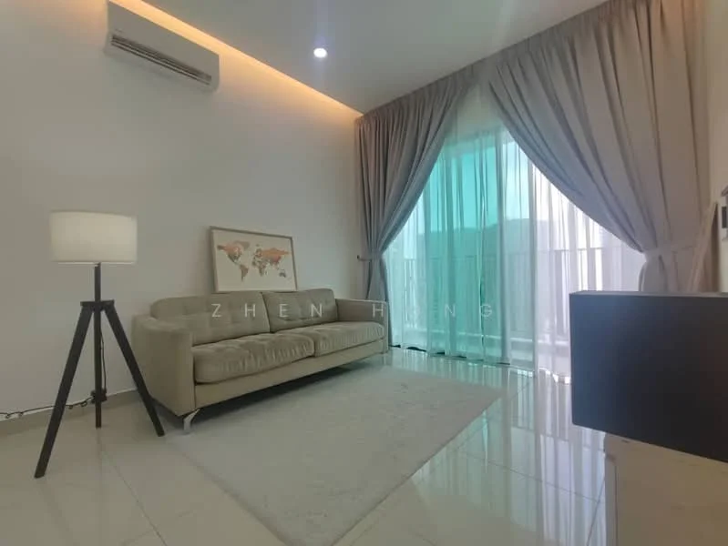 Living features: beige fabric 3-seater sofa, floor-to-ceiling windows, sheer curtains, white walls, recessed downlights, marble tile flooring, area rug, decorative wall art with map design, standing lamp with tripod base, air conditioning unit; style: modern.