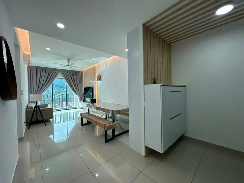 Living features: white painted walls, grey tiled flooring, 5-blade ceiling fan with light, large floor-to-ceiling windows, curtains, wooden accent wall, recessed lighting, coffee table, sofa, TV console, decorative plants; style: modern; view: mountain. Room features: white cabinetry, wooden bench, open layout.