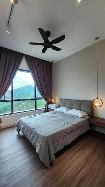 Bedroom features: king-size bed, upholstered headboard, bedside lamps, wooden nightstand, 5-blade ceiling fan with light, floor-to-ceiling windows, curtains in dark brown, wooden flooring, mountain view; style: modern; view: mountain.